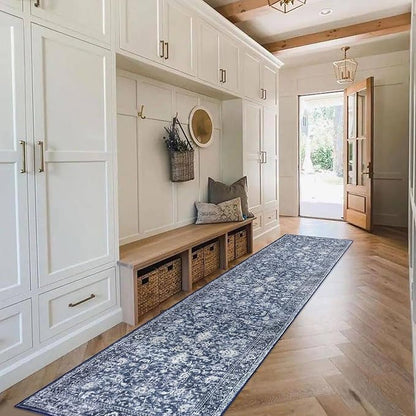 KILOCOCO Runner for Hallway 2.6x10 Runner Rug Printed Vintage Floral Washable Rug Kitchen Runners Soft Non-Slip Low Pile Hallway Runners Laundry Room Distressed Boho Rugs, Blue