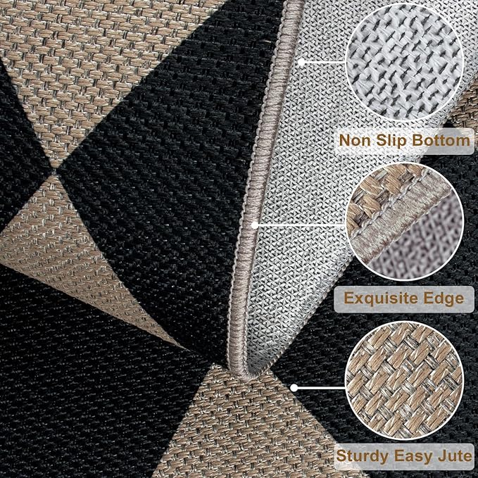 Easy Jute Checkered Runner Rug, 2x6 Black Modern Washable Rugs Runner for Hallway Non-Slip Long Kitchen Rug, Geometric Diamond Indoor Outdoor Carpet for Porch Laundry Entryway