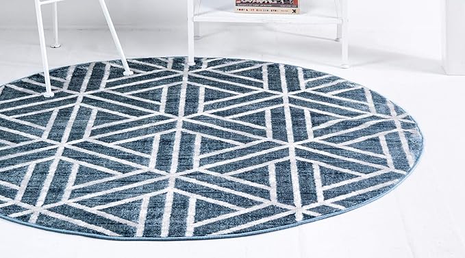 Rugs.com Lattice Trellis Collection Rug – 5 Ft Round Blue Low-Pile Rug Perfect for Kitchens, Dining Rooms