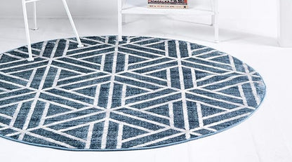 Rugs.com Lattice Trellis Collection Rug – 5 Ft Round Blue Low-Pile Rug Perfect for Kitchens, Dining Rooms
