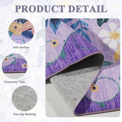DUKINO 5x7 Area Rug, Floral Rugs for Living Room, Lightweight Non Slip Washable Rug, Indoor Low Pile & Non-Shedding Boho Design Rugs for Bedroom, Playroom, Dining Room, Purple