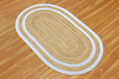 9x12 Rugs for Living Room Oval Kilim Rug Natural Oval Jute Thick 0.27" Solid Design Beige White Hand Braided Jute Flatweave Mat Handmade Boho Indoor Outdoor Rugs for Bedroom Living Dining Room
