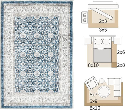 jinchan Floral 6x9 Area Rug for Living Room - Machine Washable Vintage Distressed Boho Design Throw Rug Stain Resistant Carpet Low-Pile Thin Non-Slip for Bedroom Dining Room Nursery (6‘x9', Dark Blue)