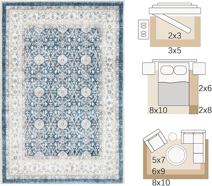 jinchan Floral 8x10 Area Rug for Living Room Machine Washable Vintage Distressed Boho Design Throw Rug Stain Resistant Carpet Low-Pile Thin Non-Slip for Bedroom Dining Room Nursery (8‘x10', Dark Blue)