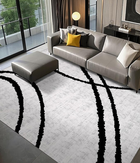 YIHOUSE Modern Area Rugs 6x9, Washable Black and White Rug, Thin Abstract Geometric Minimalist Striped Rug, Black Rugs for Living Room,Bedroom,Kitchen,Dining Room,Office