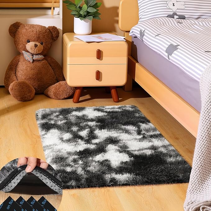 Black and White Rugs for Bedroom, 2x3 Fluffy Small Area Rugs for Living Room, Soft Shag Fuzzy Carpet with 4 Non-Slip Stickers for Kids Boys and Girls Nursery Room Dorm Home Decor (2ft x 3ft)