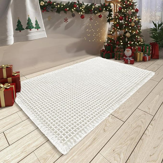 AMOAMI Upgraded Waffle Bath Mat, Super Absorbent Non Slip Bath Mats for Bathroom Floor, Machine Washable Bathroom Boho Rugs with Tassels, Rubber Backed Bathroom Mats, Ultra Soft, 20" x 32"