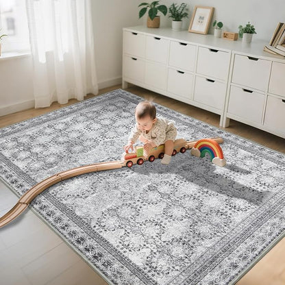 6x9 Washable Area Rug Non Slip, Faded Grey Living Room Rugs Low Pile, Thin Vintage Floral Carpets, Indoor Large Distressed Print Carpet for Bedroom Dining Room Farmhouse Home Office College Dorm