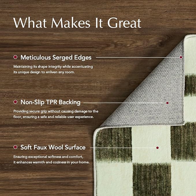 EVERGRACE Checkered Plaid Area Rug 5x7, Soft Faux Wool, Washable Christmas & Holiday Rug for Living Room, Bedroom, Hallway, Kitchen, Dining Room and Laundry, Olive Green