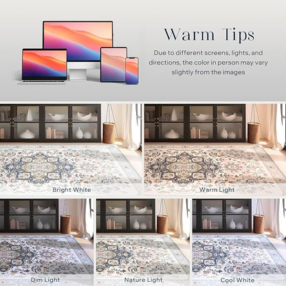 Phantoscope Washable Area Rug 9'x12' Non-Slip, Vintage Boho Rugs for Living Room, Bedroom, Dining Room, Persian Floral Medallion Pattern, Low-Pile Foldable Floor Carpet, Ivory Blue/Garden Bloom