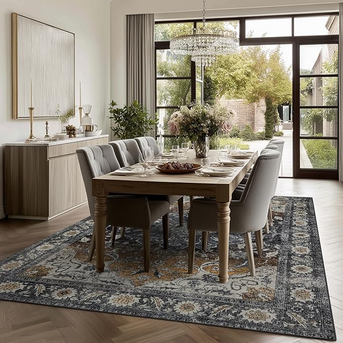Washable 6x9 Area Rug for Living Room, Carpet for Bedroom Dining Room, Non Slip&Non-Shedding Resistant Low Pile Vintage Print Rug for Home Office (Tan/Gray)