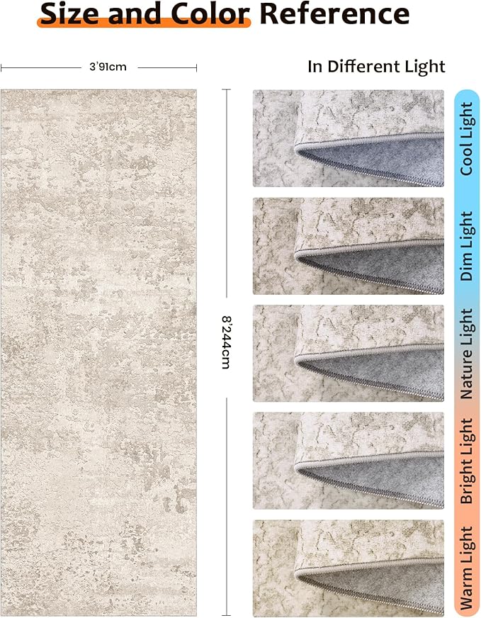 Art&Tuft Non-Slip Runner Rug - 3x8 Runner Rug Washable Low-Pile Rugs Runners, Soft Distressed Carpet Runner for Bedroom Bathroom Kitchen Laundry Living Room, Beige