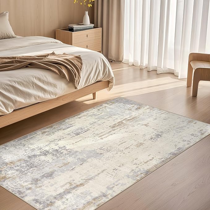 3x5 Area Rug Living Room Rugs - Washable Neutral Modern Abstract Soft Thin Rug Indoor Floor No Slip Rug Carpet for Bedroom Under Dining Table Home Office Decor - Light Brown/Gray
