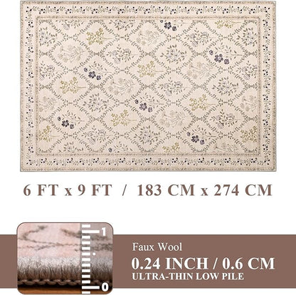 YIHOUSE 6x9 Washable Rug for Bedroom, Beige Floral Rugs for Living Room Non Slip Ultra-Thin Large Boho Rug for Kids Playroom, Classroom, Girls Dorm, Nursery, Beige Multi
