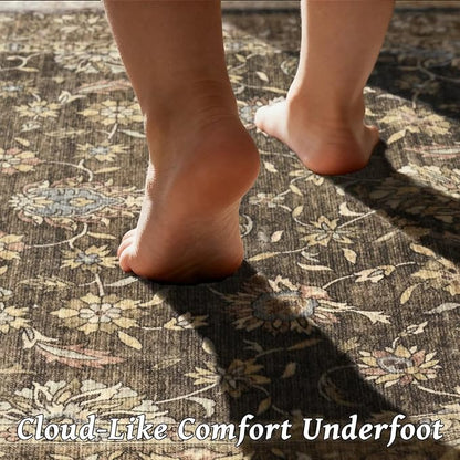 Washable 5x7 Area Rugs for Living Room, Boho Non-Slip Vintage Distress Rugs for Bedroom Dining Room Nursery Office, 0.3" Neutral Oriental Throw Thin Carpet with Cushioning Pad, Tan/Flaxen/Multi