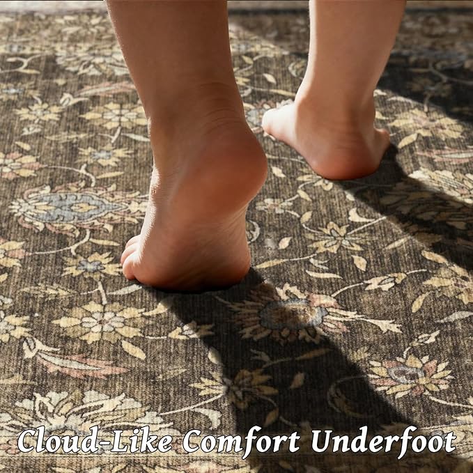 Washable 6x9 Area Rugs for Living Room, Boho Non-Slip Vintage Distress Large Rugs for Bedroom Dining Room Nursery Office, 0.3" Neutral Oriental Throw Thin Carpet, Tan/Flaxen/Multi