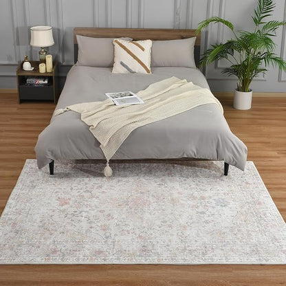 4x6 Washable Rug – Boho Non-Slip Indoor Area Rug for Living Room, Bedroom, Dining Room, Entryway –Pastel Multicolor on Cream Base