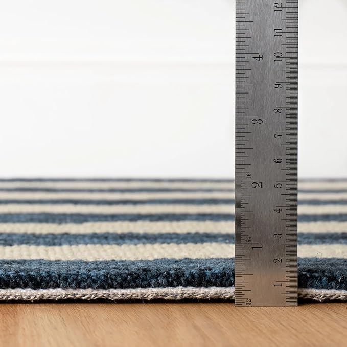 Dash & Albert Silas Stripe Navy Hand Micro Hooked Wool Rug, 3 X 5 Feet, Blue Stripe Pattern - Premium Luxury Hotel Quality Soft Breathable Hypoallergenic Machine Washable Easy Care All Season