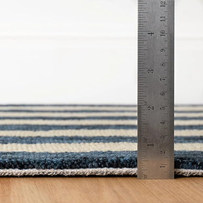 Dash & Albert Silas Stripe Navy Hand Micro Hooked Wool Rug, 5 X 8 Feet, Blue Stripe Pattern - Premium Luxury Hotel Quality Soft Breathable Hypoallergenic Machine Washable Easy Care All Season