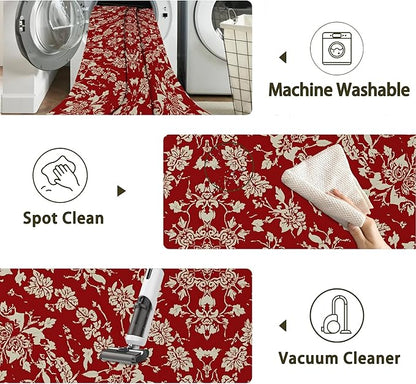 Red Flower Carpet for Living Room, 3x5 Non-Slip Washable Low Pile Abstract Design Rug, Space Saving Area Rug for Bedroom, Dining Room