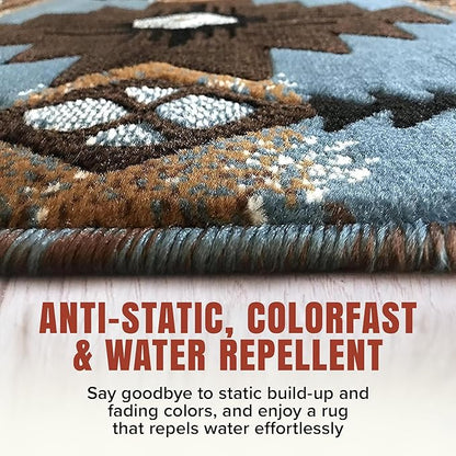 YHSF South West Native American Area Rug C318 - Easy Clean, Thick, Soft, Durable Native Tribal American Indian Inspired Rug for Bedroom/Living Room and More - Blue-Brown, 2 Feet x 3 Feet 4 Inches