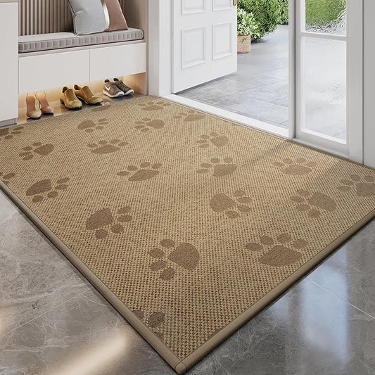 Door Mat Indoor Entrance 31"x47", 0.16" Thin Paw Print Low Pile Doormat, Non Slip Welcome Mat, Trap Dirt and Moisture, Easy Clean, Brown