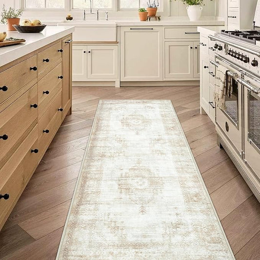 Runner Rug 2x6 Entryway Rug - Machine Washable Vintage Boho Area Rug Non-Slip Kitchen Runner Soft Stain Resistant Runners for Hallways Entryway Laundry Kitchen Bathroom Bedroom (Beige, 2'x6')
