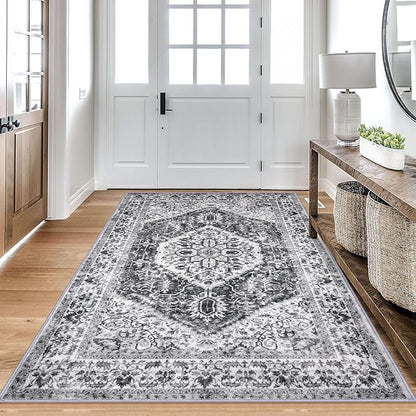 KOZYFLY Area Rug 4x6 Ft Washable Rugs for Entryway Non Slip Kitchen Mats for Floor Rugs for Living Room Printed Faux Wool Vintage Throw Rug for Entrance Bedroom Kitchen Living Room, Grey