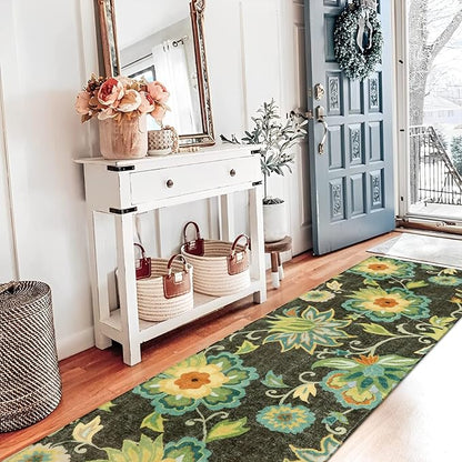 Lahome Floral Kitchen Runner Rug- 2x8 Runners for Hallways Non-Slip Washable Rug Runner Throw Low-Pile Entryway Laundry Runner Rugs Soft Green Paisley Print Carpet Runner for Bedroom Living Room