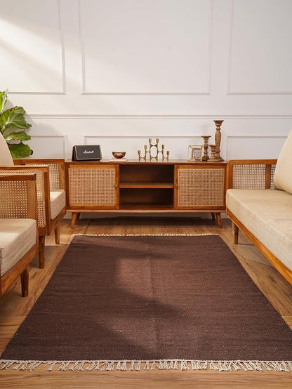 Rugsotic Carpets Hand Woven Flat Weave Kilim Wool ECO-Friendly Area Rugs - 4'x6', Rectangle Shape, Dark Brown Color, Solid Plain Design, Low Pile Handmade Rugs for Living Room, Bed Room (D00111)