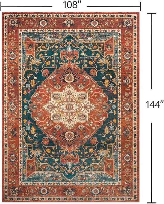 YJ.GWL Area Rugs for Living Room 9x12 Machine Washable Rugs, Non Slip Floral Vintage Rug Indoor Carpet, Stain Resistant Large Rug for Bedroom Dining Room, Orange-Red