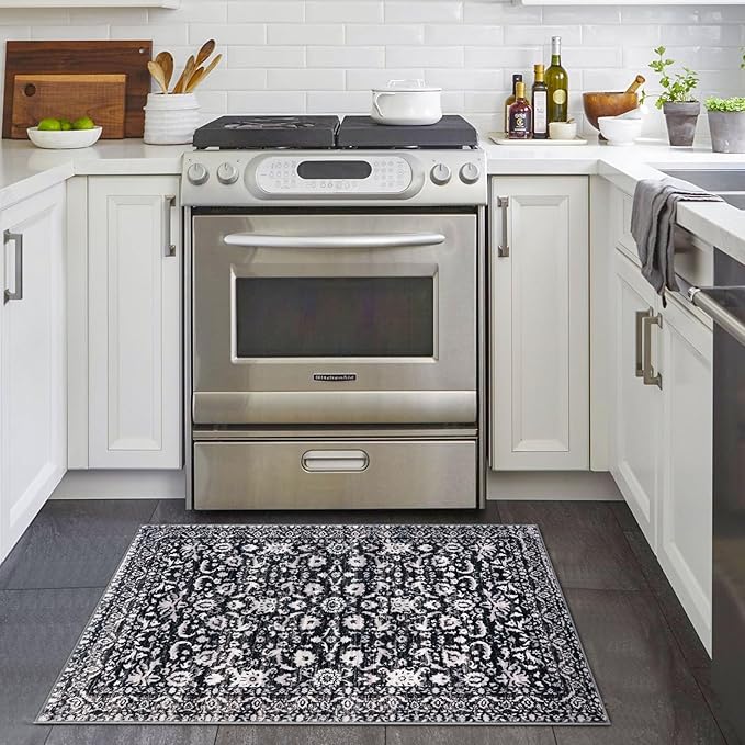 Vintage Entryway Rug 2x3 Washable, Black and White Kitchen Rug, Super Soft Thin Faux Wool Small Area Rug, Non-Slip Accent Mat for Foyer, Bedroom, Office