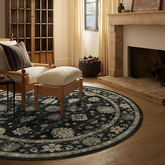 Washable Round Area Rug 8ft - Charcoal Black Traditional Floral Living Room Circle Rug 8x8 Non-Slip Farmhouse Dining Room Carpet Soft Vintage Boho Round Rugs for Bedroom Office Entryway