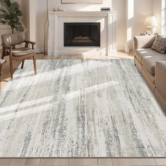 MUJOO 6x9 Area Rugs Washable,Modern Abstract Rugs for Living Room Bedroom Dining Room,Large Non Slip Throw Carpet Indoor,Low Pile Accent Neutral Beige and Grey
