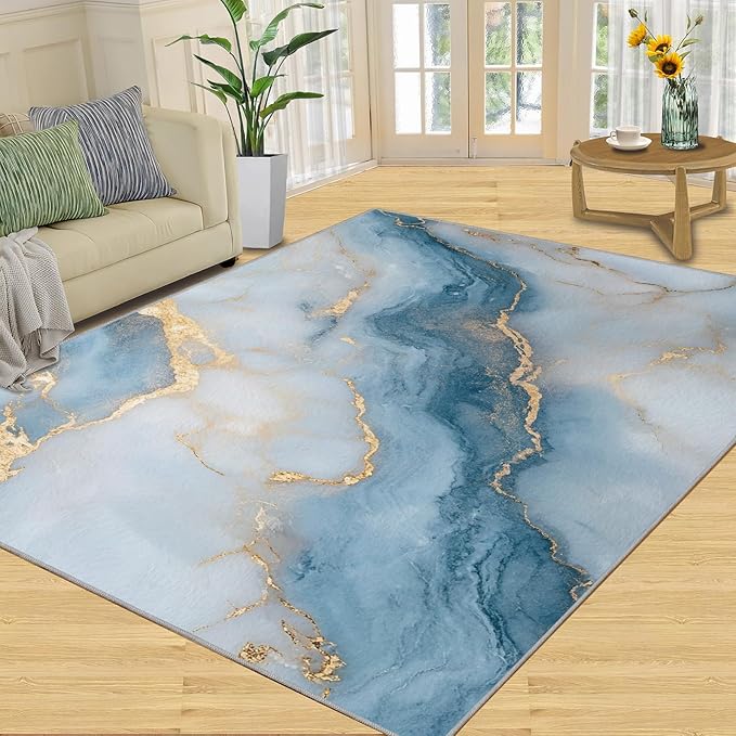 6x8 Abstract Marble Classroom Rugs - Blue-White-Marble Playroom Rug, Luxury Stone Pattern Carpet Area Rug for Girls Bedroom Kids Room Basement Office Classroom