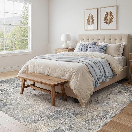 Square Area Rugs : Washable 8x8 Neutral Modern Abstract Carpet for Living Room Bedroom - Soft Floor Mat with Non Slip Backing for Kitchen Nursery Dorms Farmhouse Home Decor - Blue Grey
