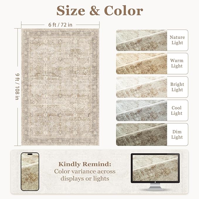 Beige Taupe Area Rug 6x9, Vintage Neutral Earth Tone Rugs for Living Room Bedroom, Washable Non Slip Low Pile Thin Carpet Rug for Dining Room Playroom Guest Room Home Office