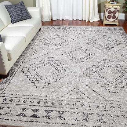 ILANGO Area Rugs 5x7, Moroccan Grey Rugs for Living Room Machine Washable Area Rugs Dedroom with Rubber Backing Non Slip Carpet for Farmhouse Dining Room, Ultra-Thin, Foldable, Easy Clean