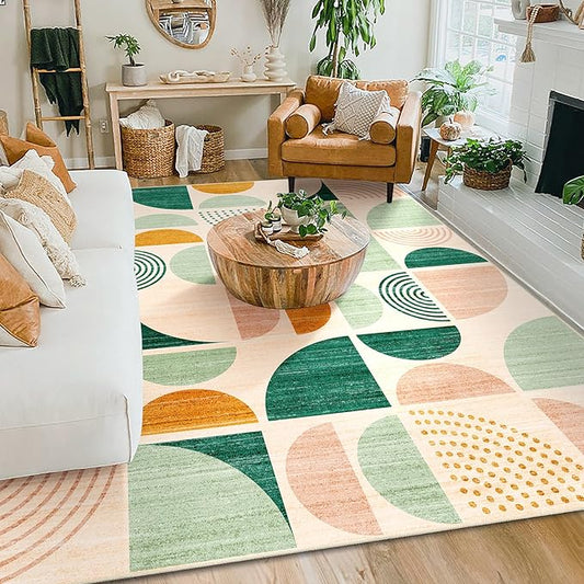 MUJOO Green Washable Rugs 8x10,Boho Area Rugs for Living Room Bedroom,Large Throw Floor Carpet Non Slip Soft Modern Abstract Sage Green