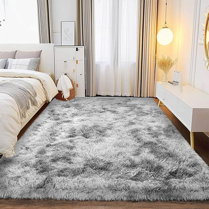 Large Soft Fluffy Rugs for Bedroom, Anti-Skid Indoor Carpet Nursery Rugs for Kids Room Home Decor, Fuzzy Rug Tie-Dyed Light Grey 9x12 Feet