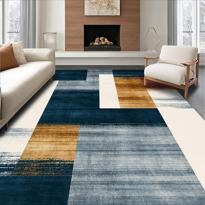 Flatwoven High Traffic Area Rug 8x10, Eclectic Funky Ink Wash Design Abstract Area in Multi Tone, Non Slip, Stain Resistant, Washable Area Rugs for Living Room, Bedroom (Blue, 8x10)