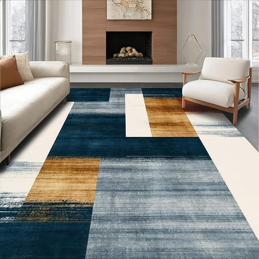 Flatwoven High Traffic Area Rug 6x9, Eclectic Funky Ink Wash Design Abstract Area in Multi Tone, Non Slip, Stain Resistant, Washable Area Rugs for Living Room, Bedroom (Blue, 6x9)
