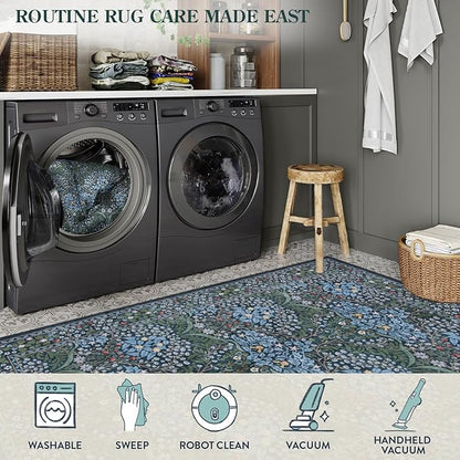 Lahome Floral Washable Kitchen Runner Rug, 2x6 Runners for Hallways Non Slip Ultra-Thin, Boho Soft Hallway Rug Forest Blue Carpet for Bedroom Bathroom Laundry Room, Blue