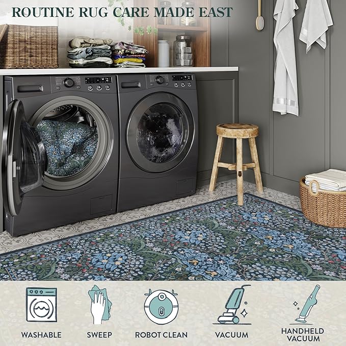 Lahome Floral Washable Area Rugs 5x7, Soft Blue Rugs for Living Room Bedroom, Boho Non Slip Low Pile Forest Stain Resistance Large Throw Carpet for Farmhouse Dining Room Office, Blue