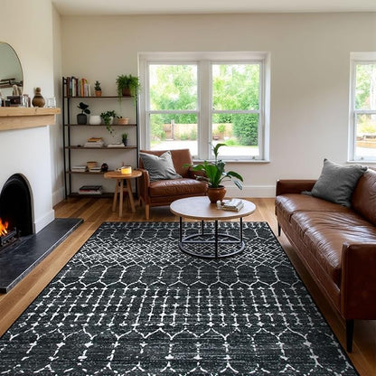 Lahome Moroccan Black Area Rugs 8x10 Living Room Non-Slip Backing Ultra-Thin Large Rug Throw Stain Resistant Dining Room Rugs for Under Table, Geometric Print Modren Soft Rug for Bedroom Office