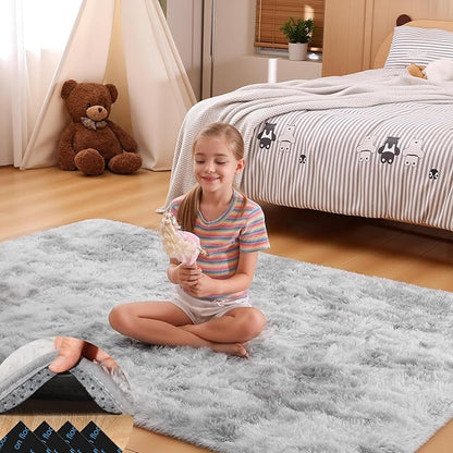 4x6 Tie-Dyed Grey Rugs for Bedroom Living Room, Fluffy Small Area Rug Soft Shag Carpet for Kids Boys and Girls Room with 4 Rugs Non-Slip Stickers Dorm Home Decor (4ft x 6ft)