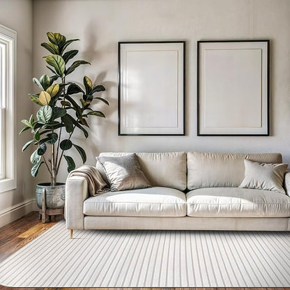 Beverly Rug Modern Geometric Area Rug 8x10 Low-High Pile Durable Soft Abstract Striped Indoor Rugs for Living Dining Room Office Stain Resistant Non Shedding Casual Indoor Carpet Beige White 8 x 10