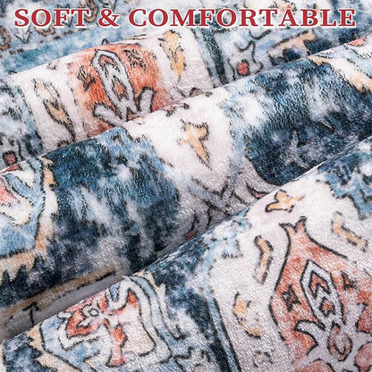 SERISSA Boho Round Area Rug, 5ft Washable Non-Slip Circle Rug, Ultra Soft Oriental Vintage Blue Orange Low-Pile Circular Carpet for Bedroom Entryway Kids Room Office College Dorm Living Room