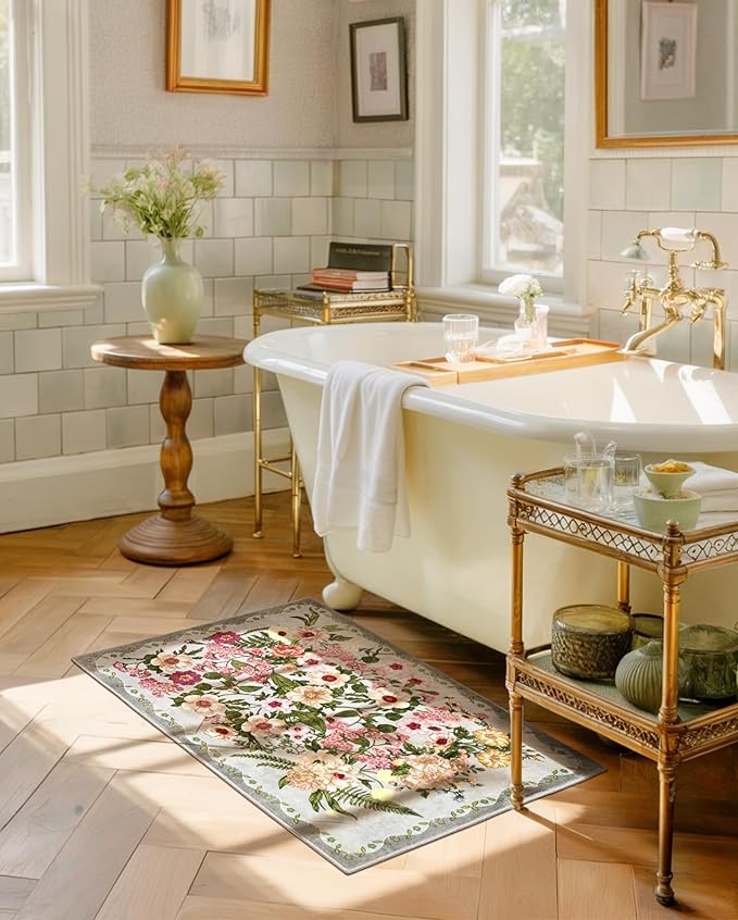 Door Mat Indoor Entrance 2x3 - Floral Rug Washable Small Area Rug Non-Slip Low Pile Rugs for Entryway, Kitchen, Bedroom, Entry - Grey