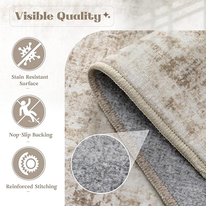 Area Rug 10x14 Washable Rug, Vintage Boho Medallion Rugs Non-Slip Soft Low Pile Large Distressed Rug Indoor Retro Carpet for Living Room Bedroom Dining Room Home Office (Brown, 10'x14')
